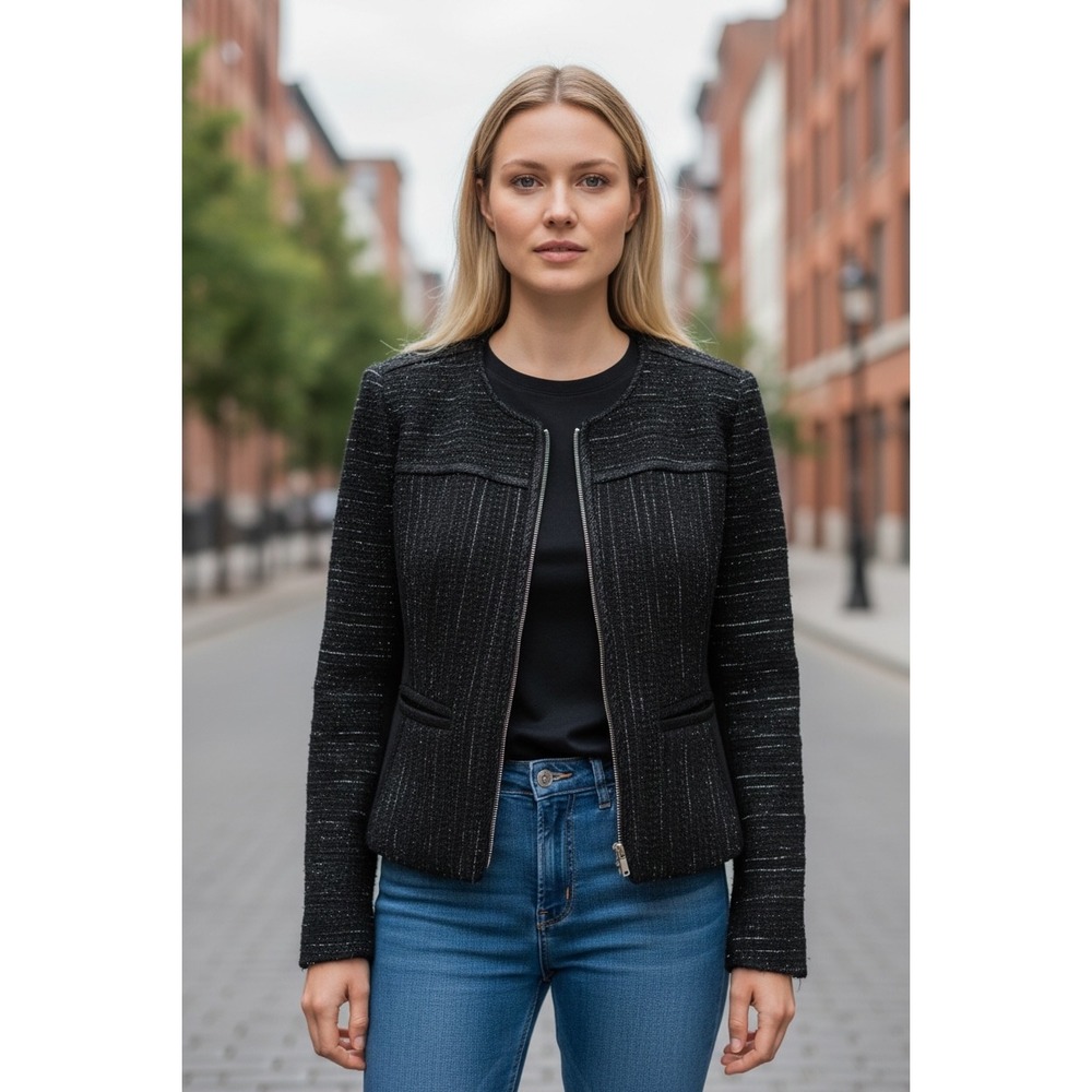 YOANA BARASCHI Black Metallic Stripe Textured Zip Front Jacket Womens Size 6